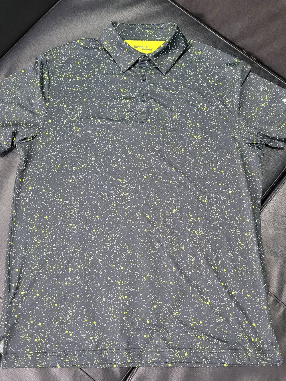 Birdie Bound Charcoal Golf Shirt with Neon Yellow Speckle Size M 0002